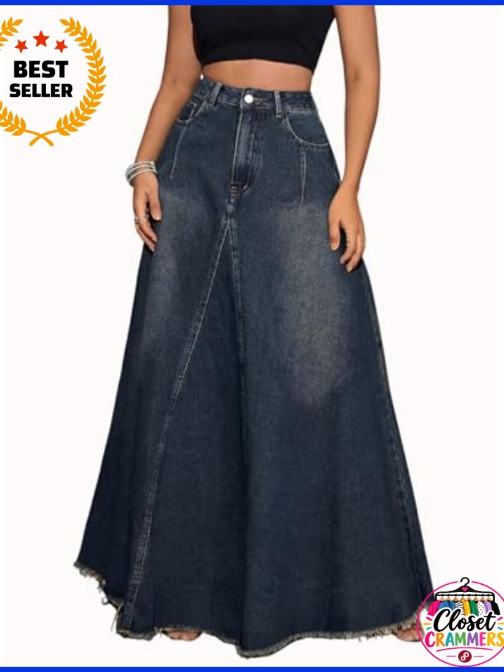 High Waist Frayed Hem A Line Long Denim Skirt with Pockets